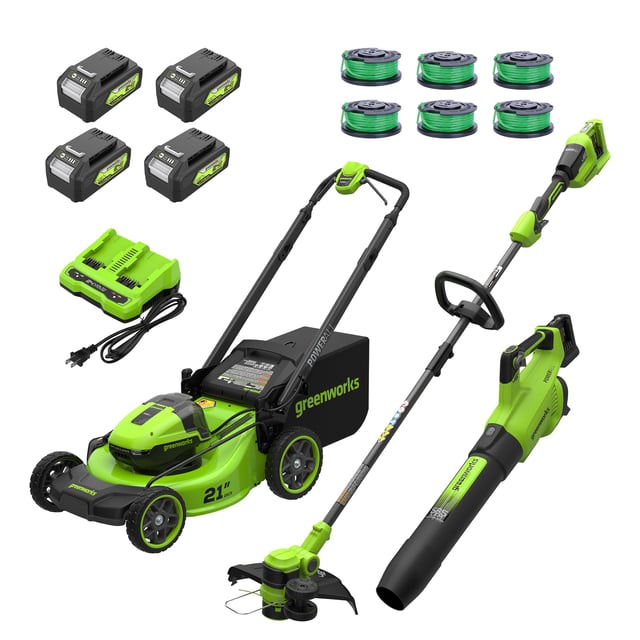 Greenworks 2x24V Mower, Trimmer, Blower Combo Kit with (4) 4Ah Batteries