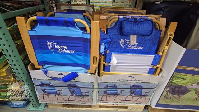 Tommy Bahama Hi-Boy Beach Chair Wood Grain Finish Blue Palm/Blue Stripe