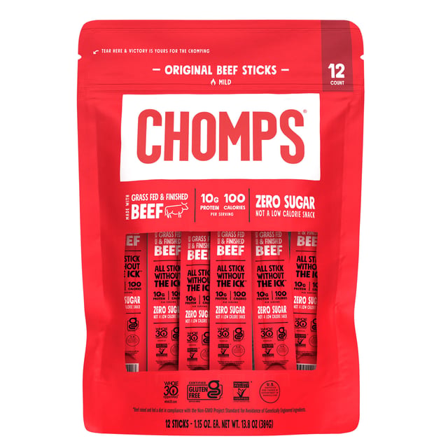 Chomps Original Grass Fed Beef Sticks, 12 CT