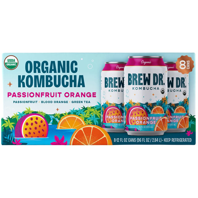 Brew Dr Organic Passion Fruit Orange Kombucha, 8-Pack, 12 fl oz
