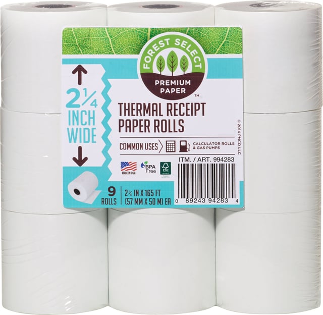 Forest Select Thermal Receipt Paper Rolls, 2-1/4" x 165', 9 Count