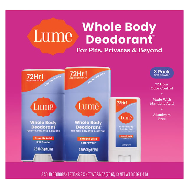 Lume Whole Body Deodorant 3-Pack — 2x 2.6 oz and 1x 0.5 oz Set