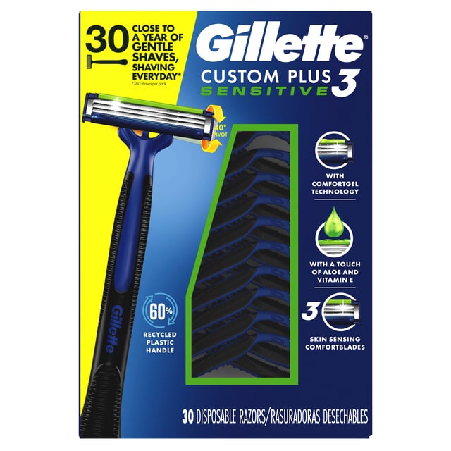 Gillette Custom Plus 3 Sensitive Disposable Razors, 30-Count