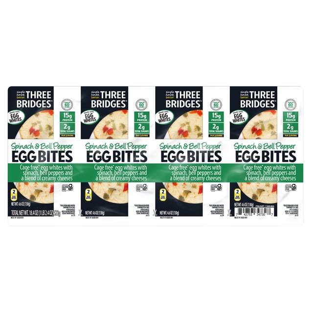 Three Bridges Egg White Bites, Spinach & Bell Pepper, 4 Pack, 4.6 oz Each