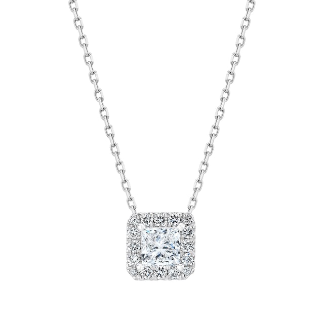 14kt White Gold VS2 I 0.63 CTW Princess Cut Diamond Halo Necklace