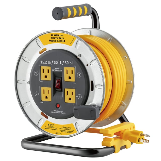 Link2Home Heavy Duty 50 ft Metal Cord Reel with 4 Power Outlets, 12 AWG SJTW