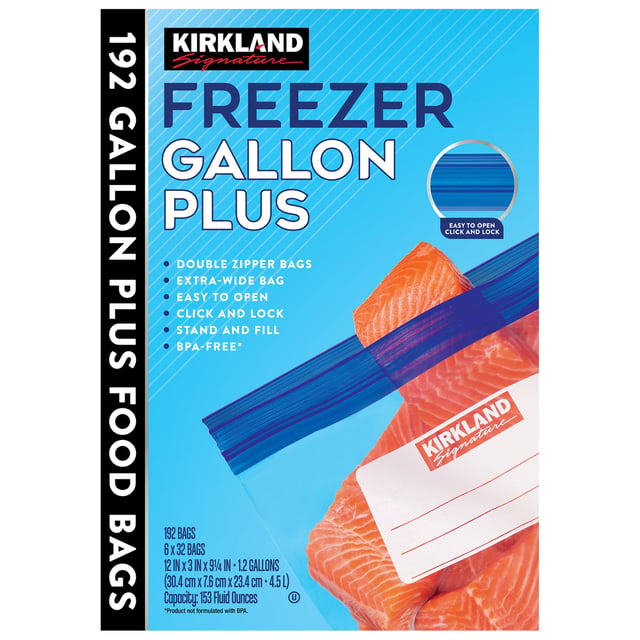 Kirkland Signature Freezer Gallon Plus Bags, Double Zipper, 192 Count (6 Boxes of 32)