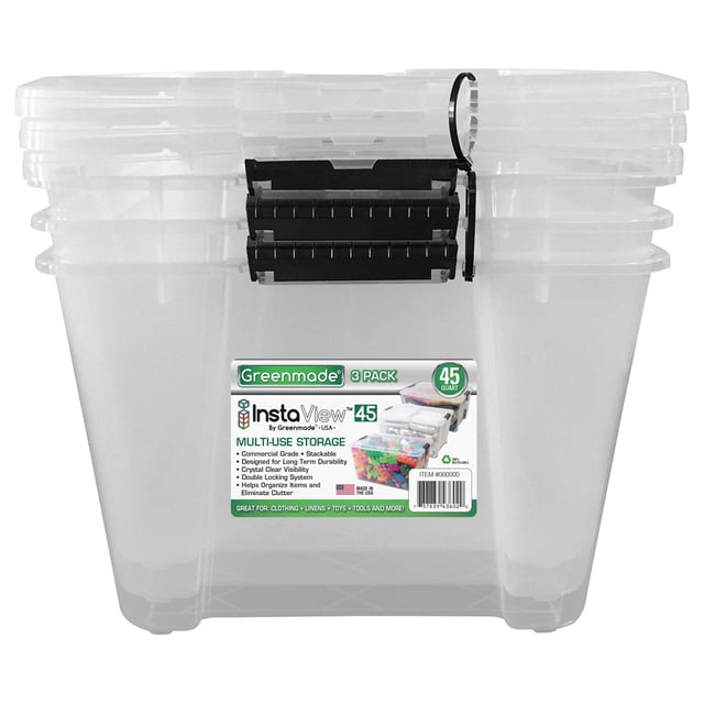 Greenmade InstaView 45QT 3-Pack Storage Bins with Locking Handles and Lid