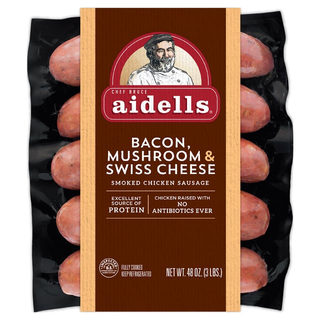 Aidells Bacon, Mushroom & Swiss Cheese Smoked Chicken Sausage 48 oz (3 lbs)