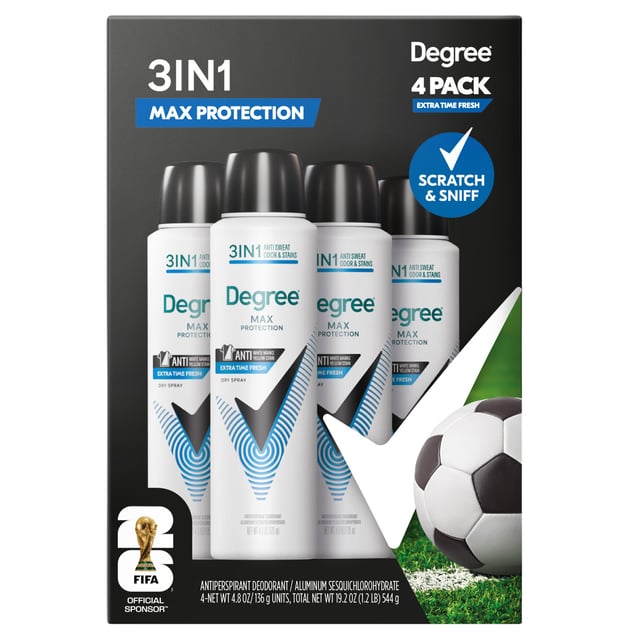 Degree Men's Max Protection 3-in-1 Fresh Dry Spray Antiperspirant, 4.8 oz, 4-Pack