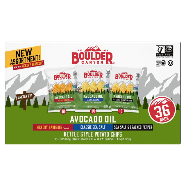 Boulder Canyon Avocado Oil Kettle Style Potato Chips Variety Pack, 36 Count, 1 oz Bags