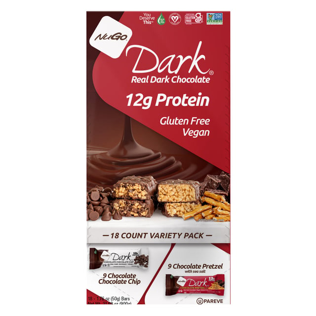 NuGo Dark Chocolate Vegan Protein Bar Variety Pack, 18 Count (1.76 oz Each)