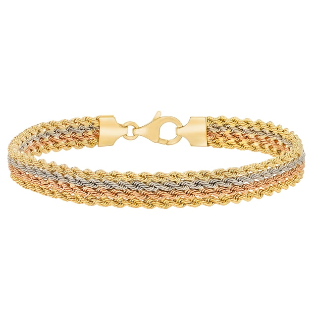 14KT Tri-Color Gold 7.5" Rope Bracelet Made in Italy