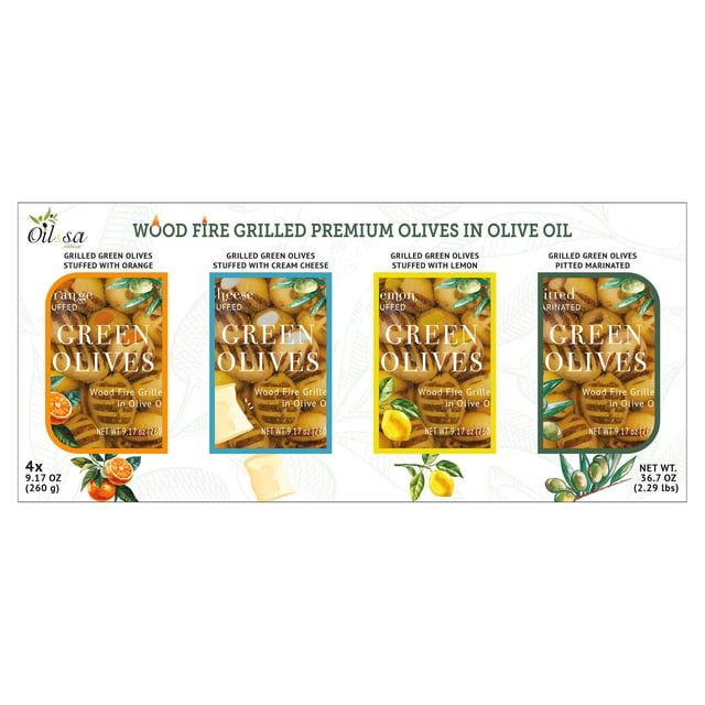 Oil & Sa Wood Fire Grilled Premium Olives in Oil, 4/9.2 oz Jars