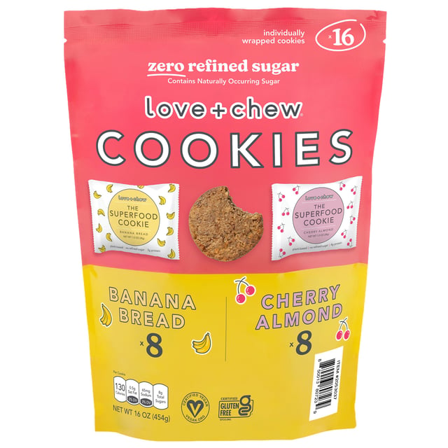 Love + Chew Cherry Almond & Banana Bread Superfood Mini Cookies, 16 Count, 1 oz Each