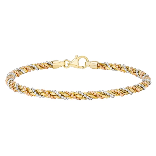 14kt Tri-Color Gold 3mm Rope Bracelet 7.5" Made in Italy