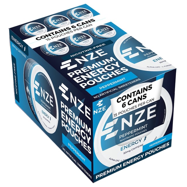 NZE Peppermint Energy Pouches, 6-Pack, 15 Pouches per Can