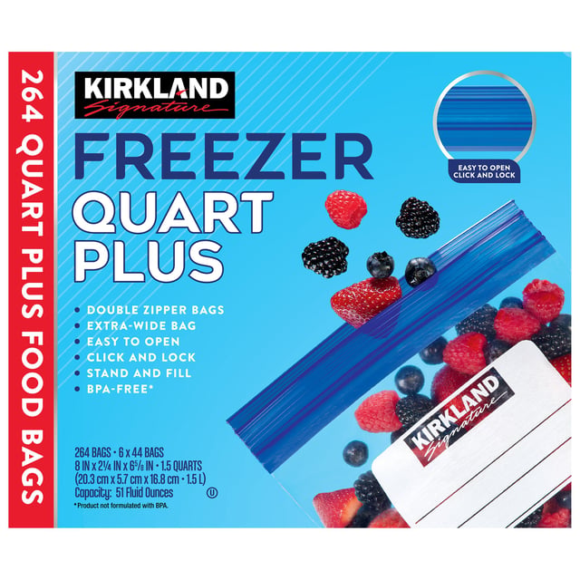 Kirkland Signature Freezer Quart Plus Bags, 6 Boxes of 44 Count (Total 264)