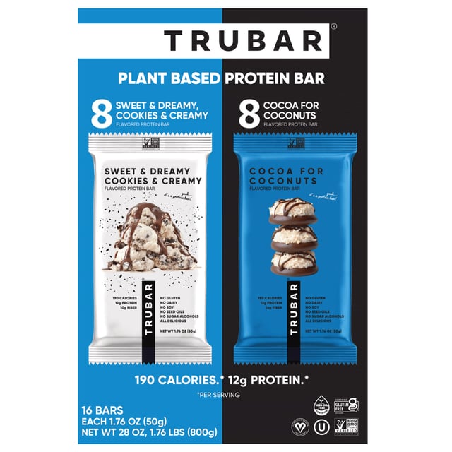 TRUBAR Plant-Based Protein Bars, Cocoa for Coconuts & Sweet & Dreamy Cookies & Creamy Variety Pack, 16 Count, 1.76 oz Each