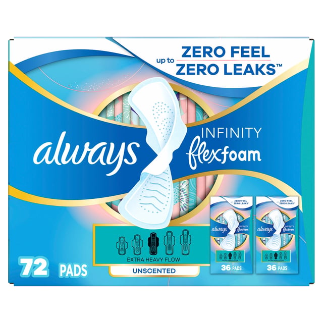 Always Infinity FlexFoam Extra Heavy Flow Unscented Pads, 72 CT