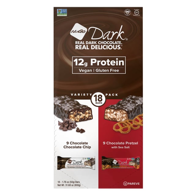 NuGo Dark Chocolate Vegan Protein Bar Variety Pack, 18 Count (1.76 oz Each)