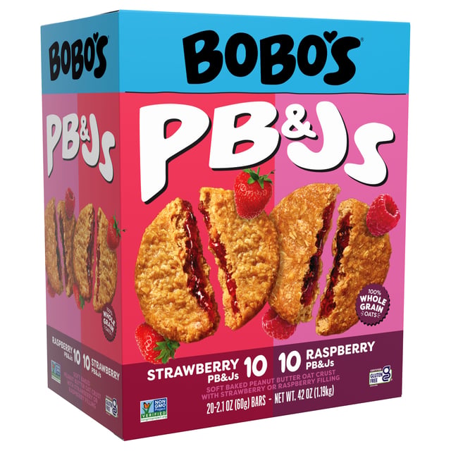 Bobo's PB&Js Oat Sandwich Bar Variety Pack, Strawberry & Raspberry, 2.1 oz, 20 Count