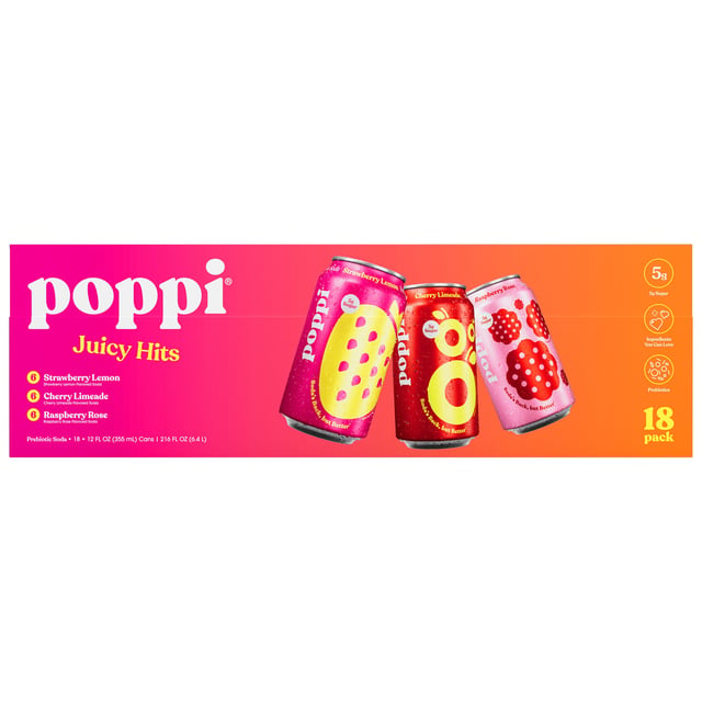 Poppi Juicy Hits Prebiotic Soda Variety Pack, 12 fl oz, 18 Cans