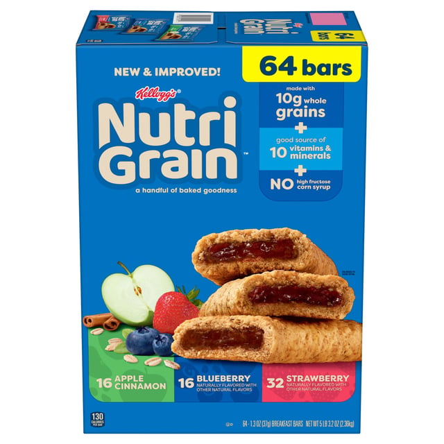 Kellogg's Nutri-Grain Soft Baked Breakfast Bars, Variety Pack, 1.3 oz, 64 Count
