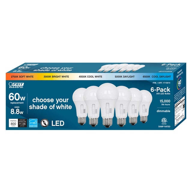 Feit Electric LED 60W Replacement A19 5-CCT 6 Pack