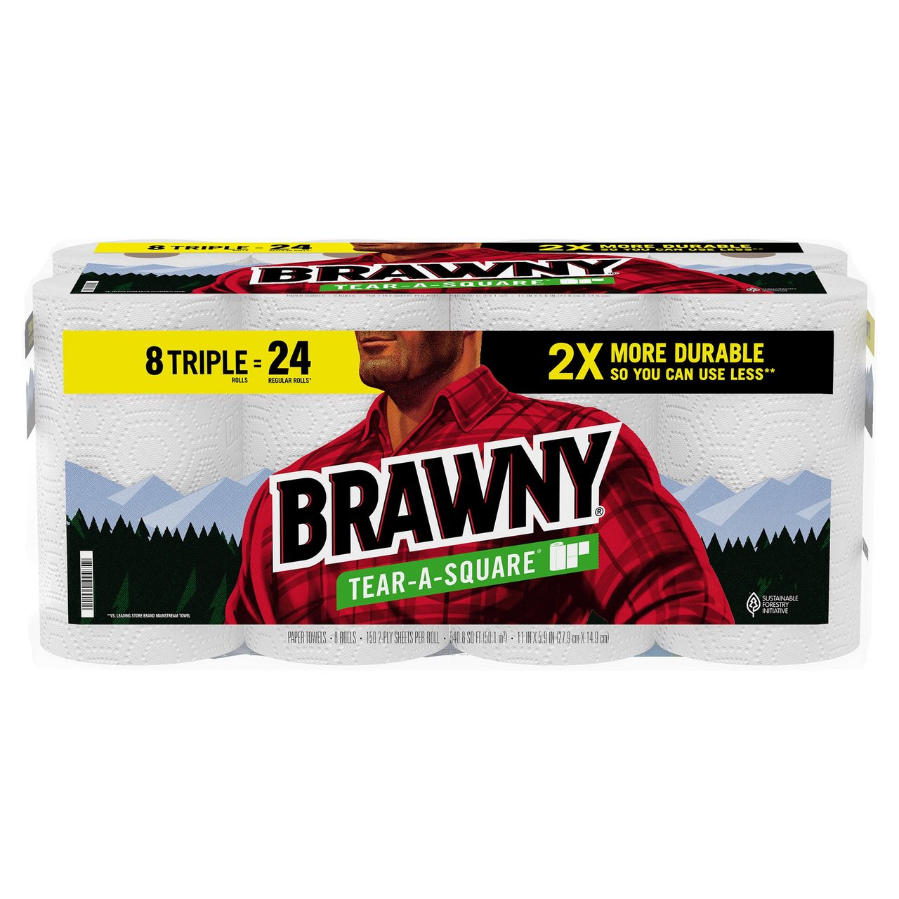 Brawny Tear-A-Square Paper Towels, 540.8 Sq Ft, 8 Rolls / 150 Sheets, 11" x 5.9" Sheets - Image 1