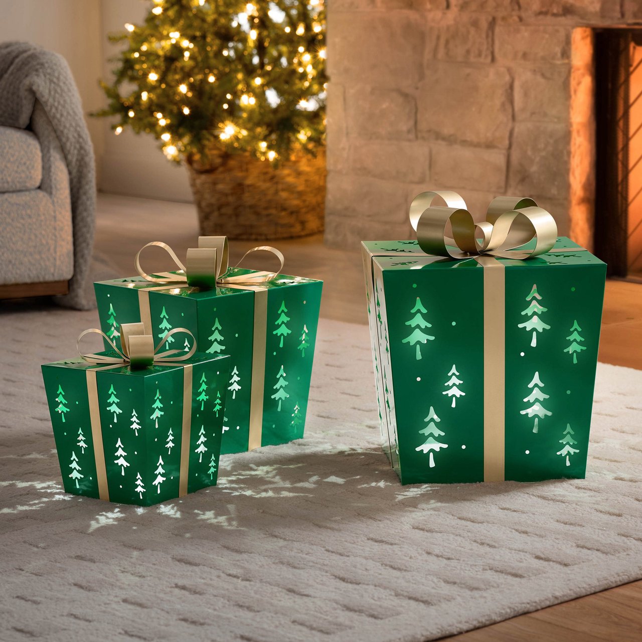 Nesting Metal Gift Boxes with Green LED Lights - Image 1
