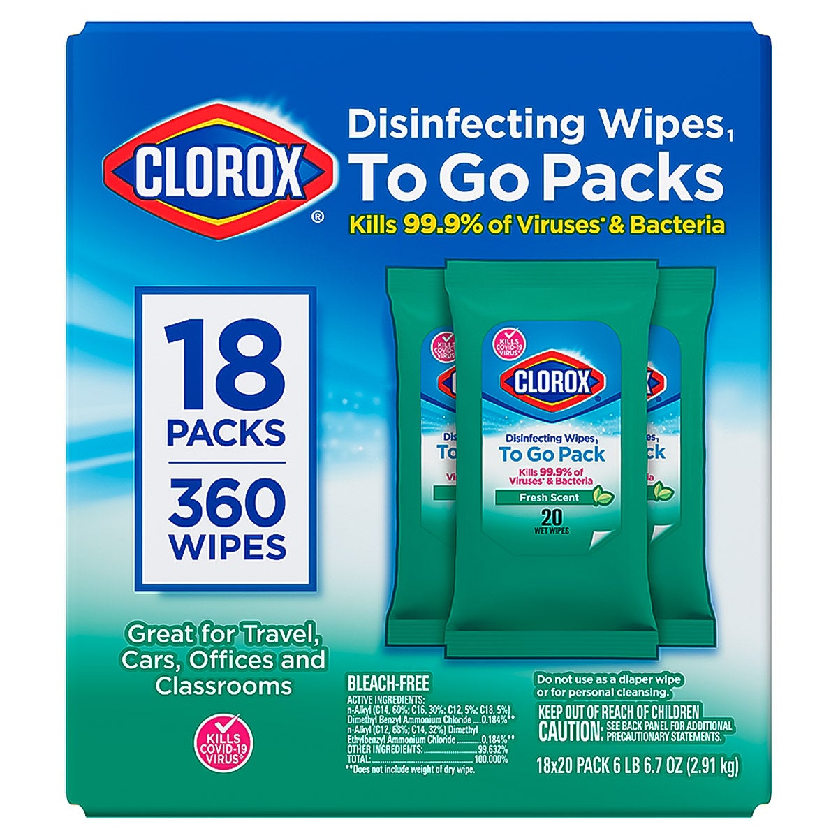 Clorox Disinfecting Wipes To Go, Fresh Scent, 20-Count, 18-Pack - Image 1