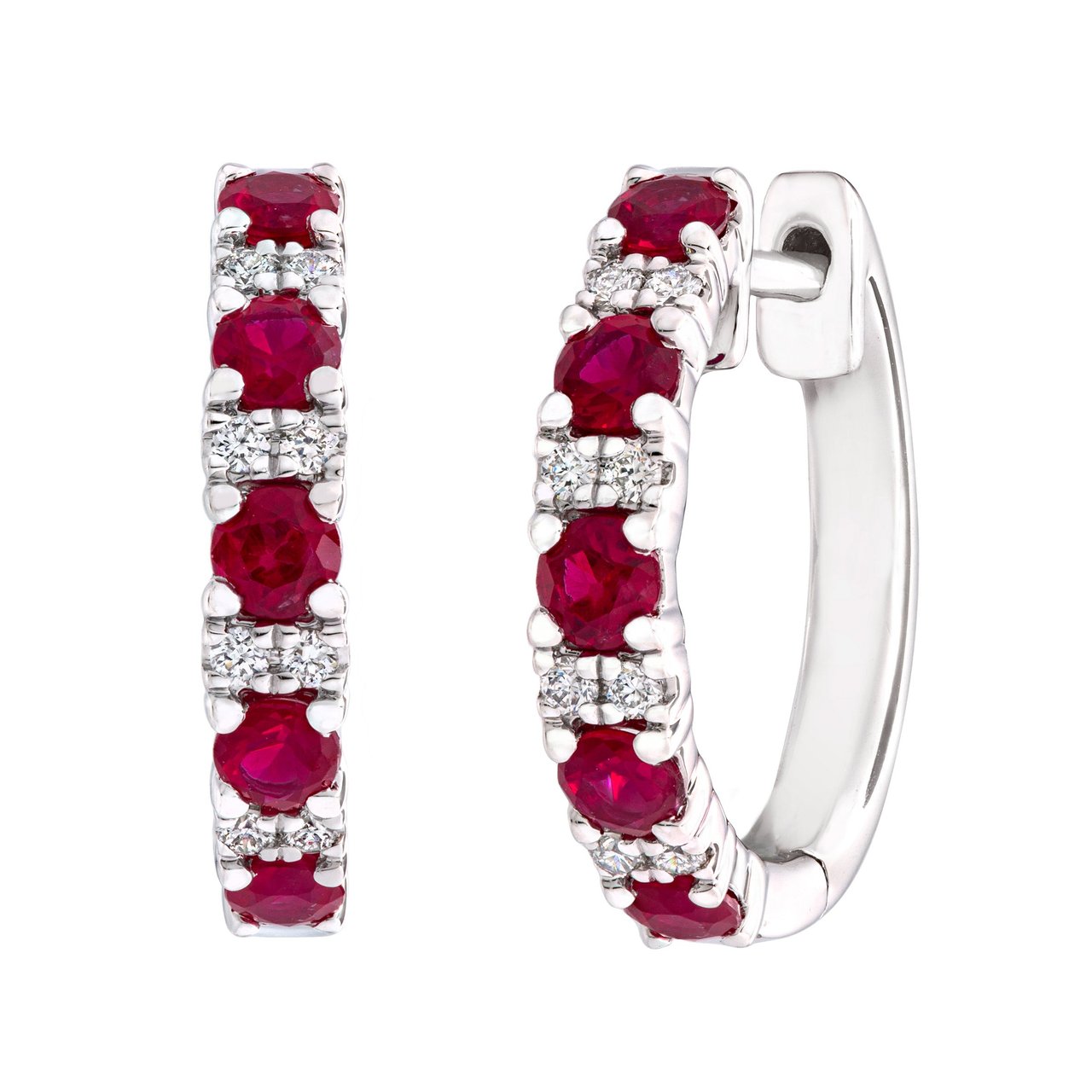 14kt White Gold 0.09ctw VS2, I Diamond and Ruby Hoop Earrings - Image 1