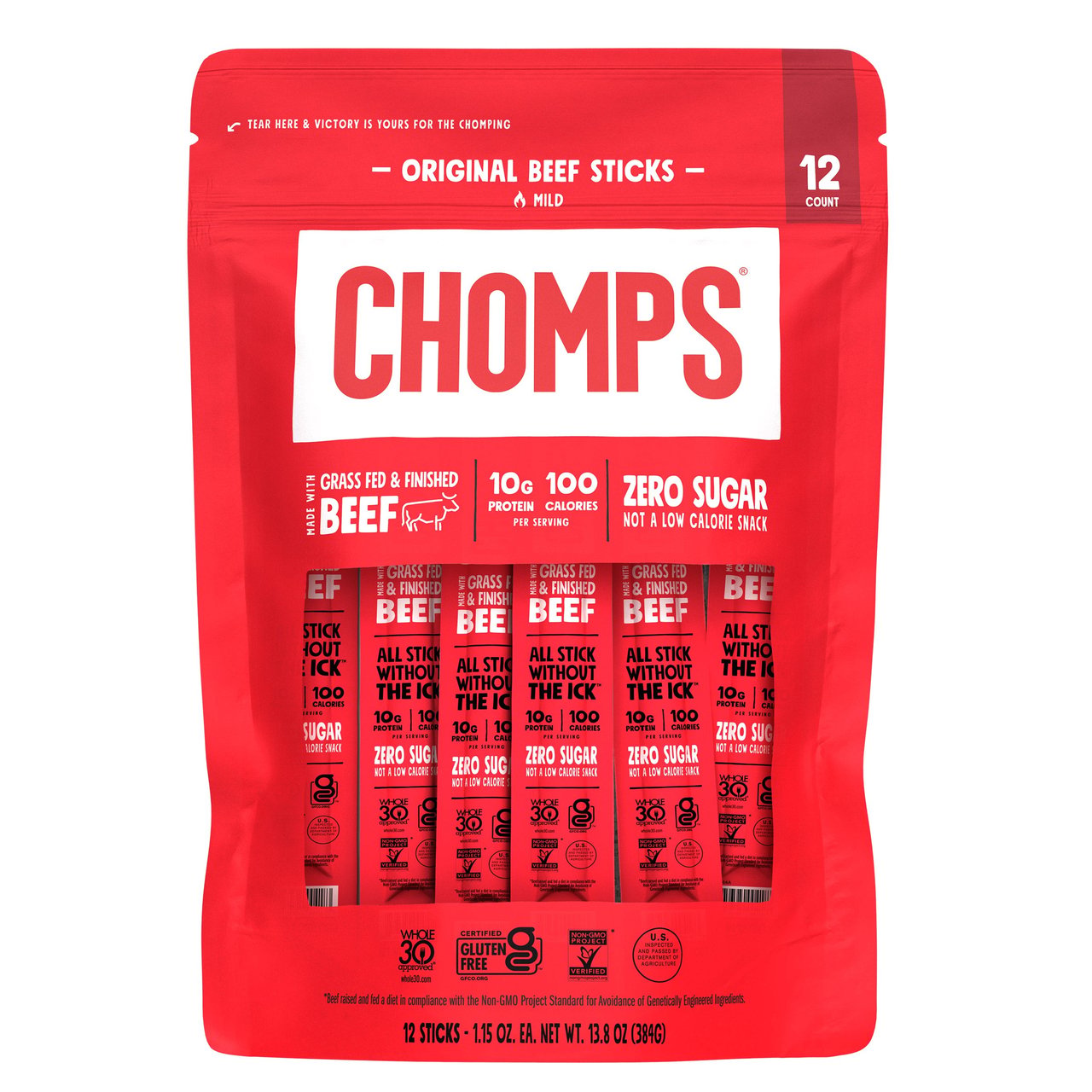 Chomps Original Grass Fed Beef Sticks, 12 CT - Image 1