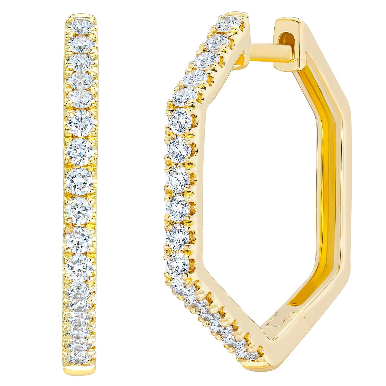 14KT YELLOW GOLD VS2 I 0.50CTW ROUND DIAMOND HEXAGON HOOP EARRINGS - Image 1