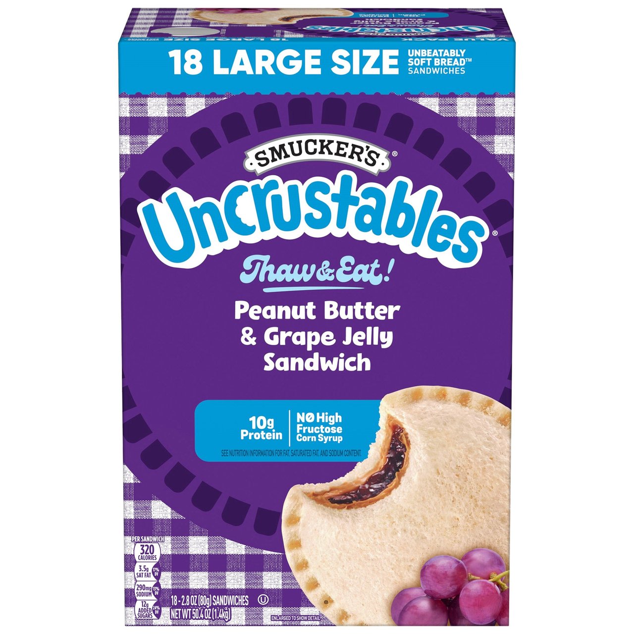 Smucker's Uncrustables Peanut Butter & Grape Jelly Sandwich, 18 Count, 2.8 oz Each - Image 1