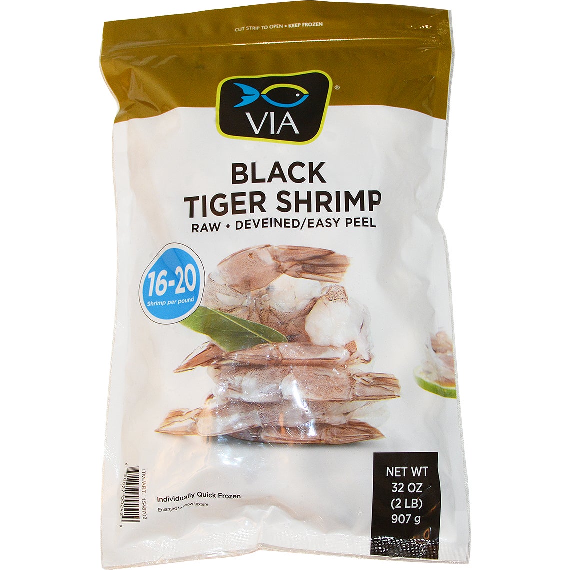 VIA Farm-Raised Raw Black Tiger Shrimp, Tail-On, Easy Peel, Deveined, 16-20 ct, 2 lb - Image 1