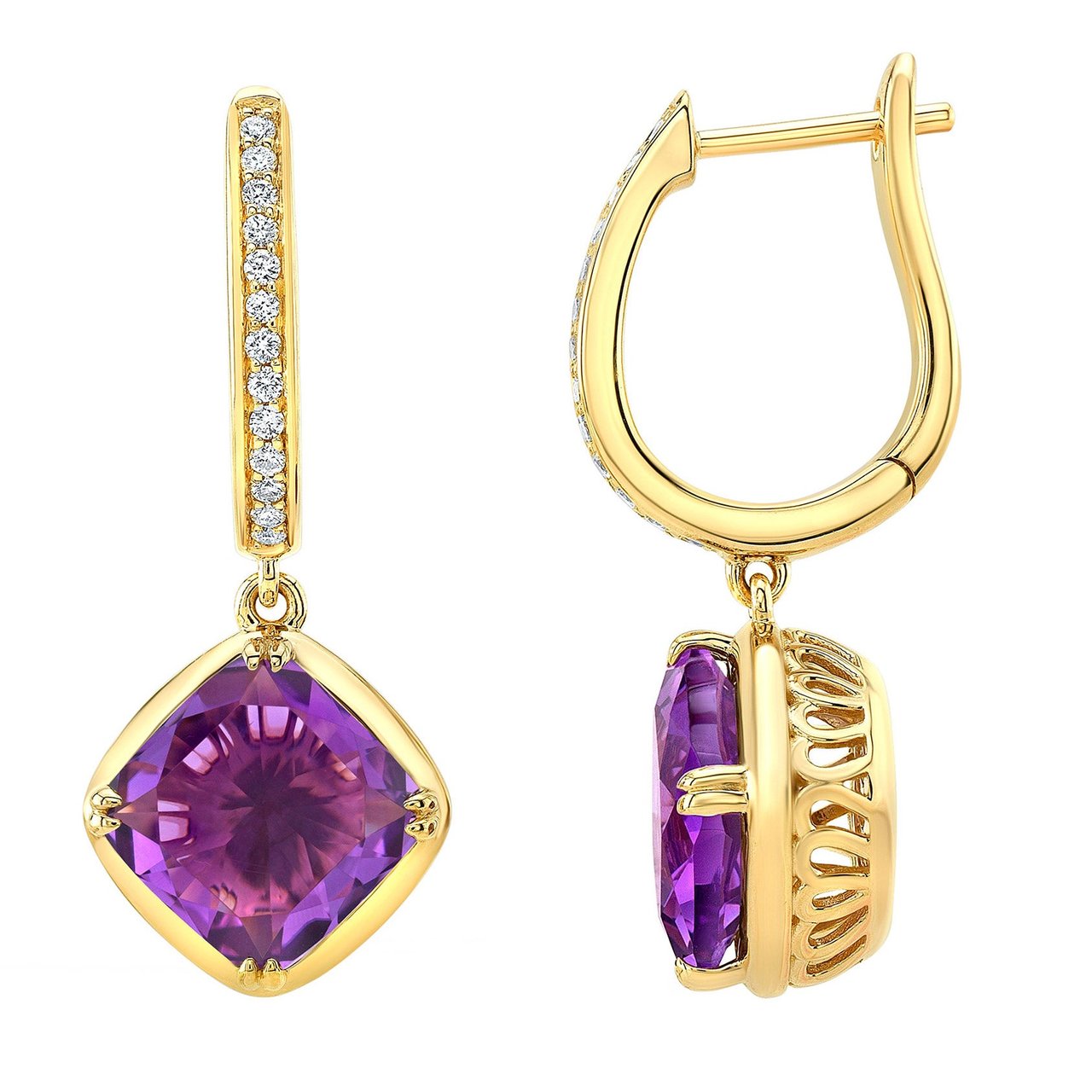 14KT Yellow Gold .12 CTW VS2 I Diamond & 8mm Amethyst Earrings - Image 1