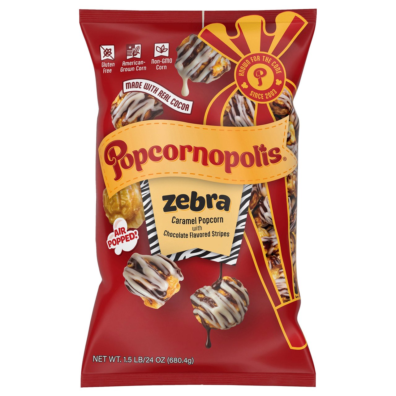 Popcornopolis Zebra Caramel Popcorn with Chocolate-Flavored Stripes, 24 oz - Image 1