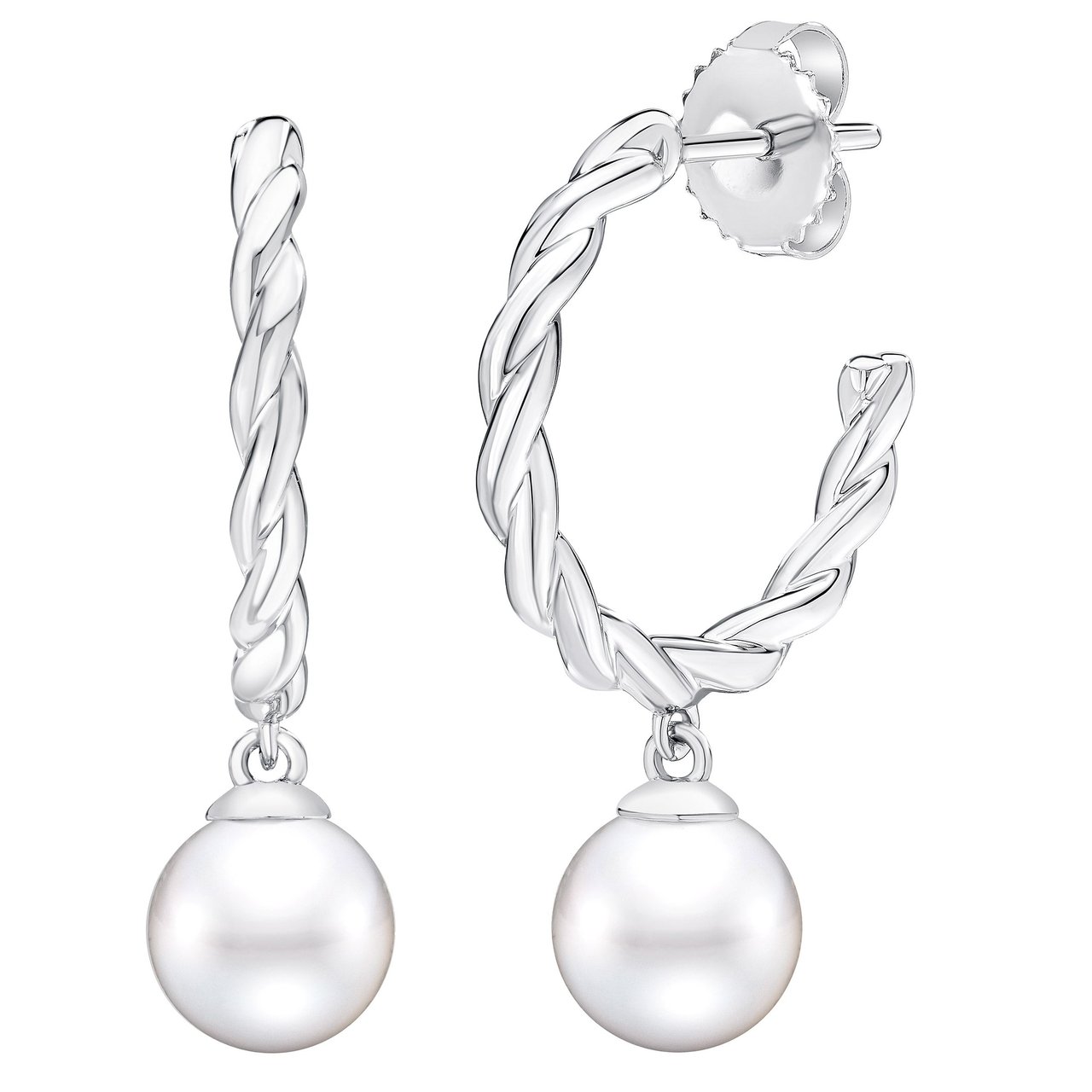 14KT White Gold Freshwater Cultured Pearl 7-8MM J Hoop Braided Earrings - Image 1