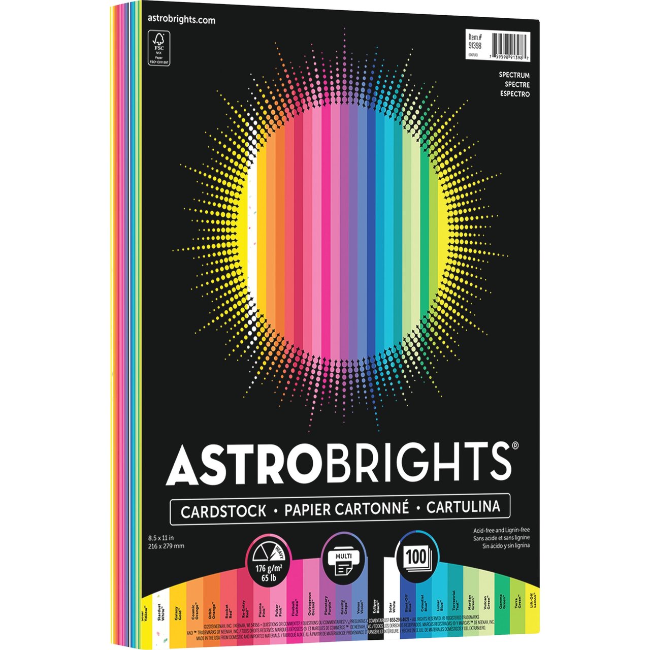 Astrobrights Spectrum 65 lb. Cardstock, 8.5" x 11", Assorted Colors, 100 Sheets (WAU91398) - Image 1