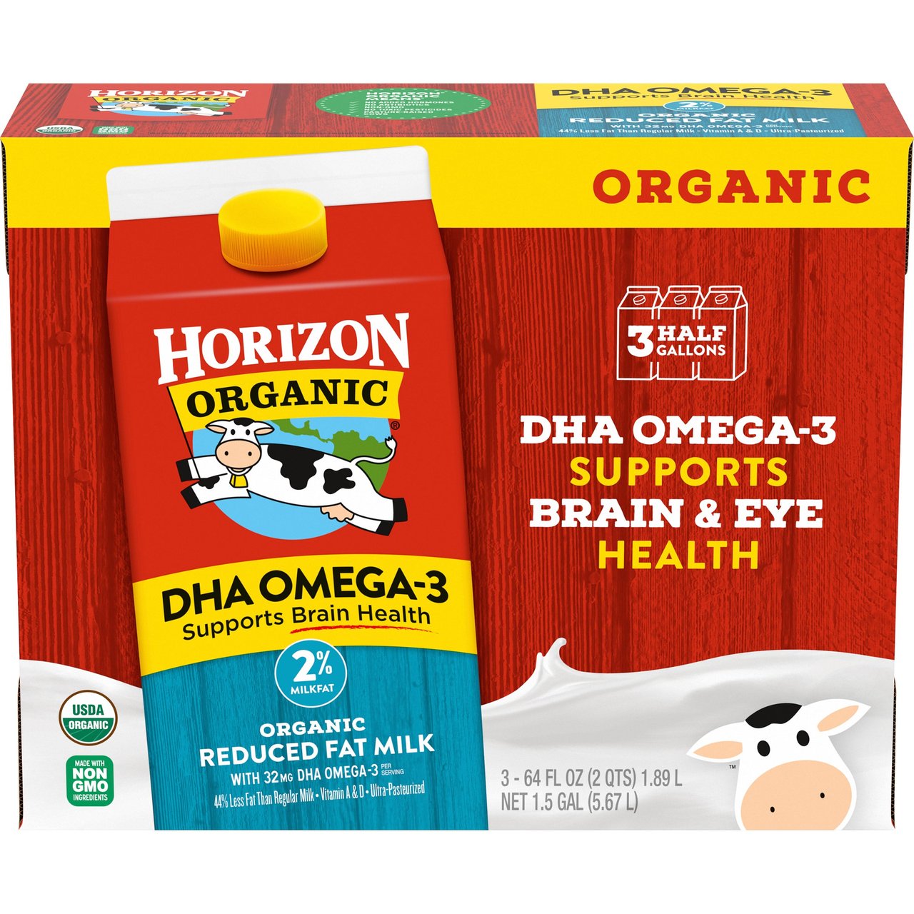 Horizon Organic 2% Reduced Fat Milk with DHA Omega-3, 3 × 64 oz - Image 1