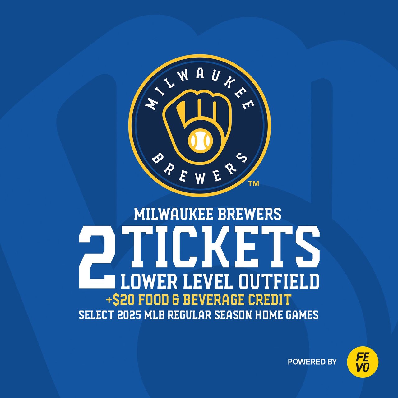 Milwaukee Brewers 2 Lower Level Outfield Tickets + $20 Food & Beverage Credit (eVoucher)