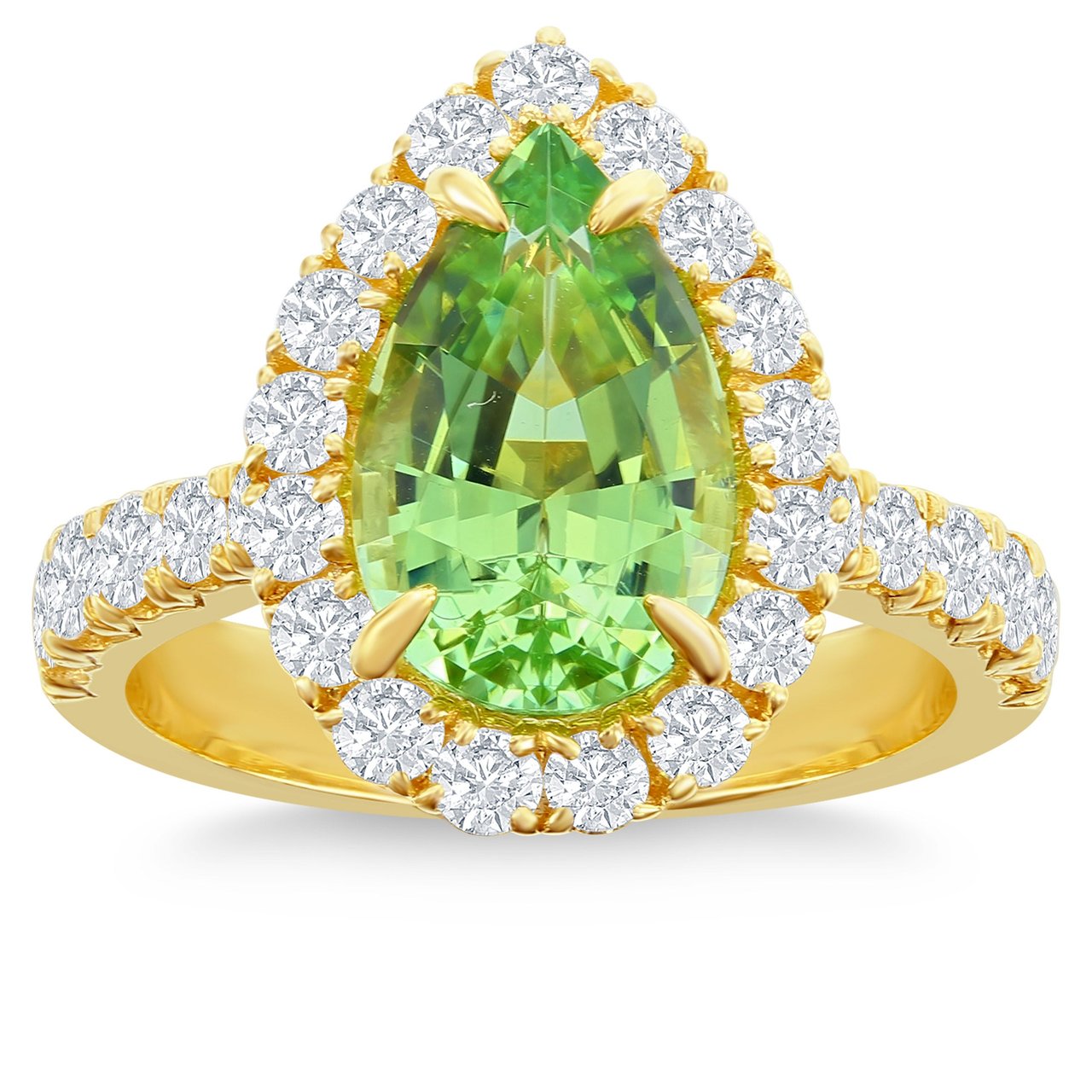 3.25ct Pear Shape Mint Tourmaline & 1.26ctw Diamond 18kt Yellow Gold Ring - Image 1