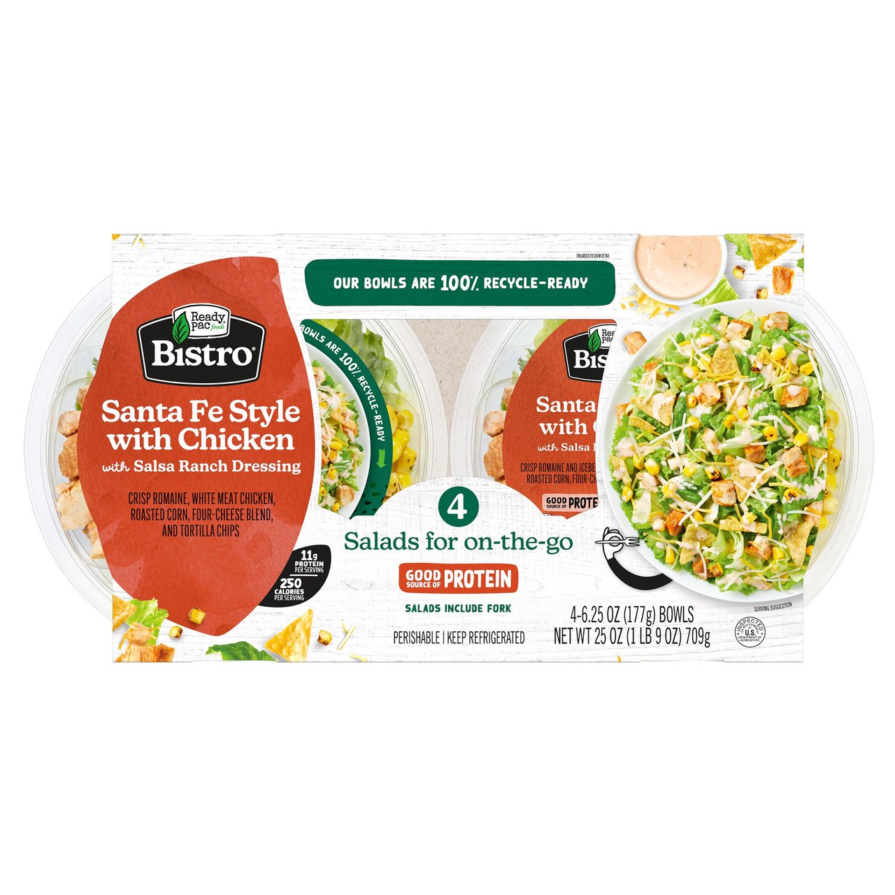 Ready Pac Bistro Salad Bowl, Santa Fe Style with Chicken, 4 Pack, 6.25 oz Each - Image 1