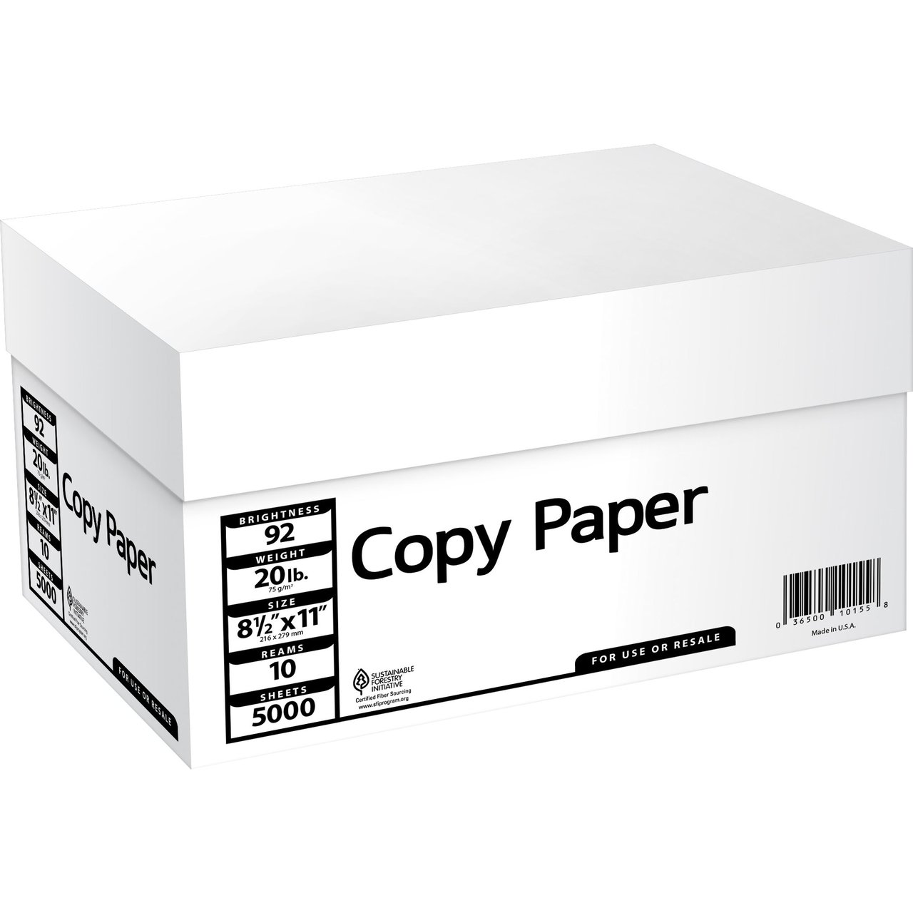 Commodity Copy Paper 20 lb 92 Bright 8.5" x 11" 5000 Sheets - Image 1