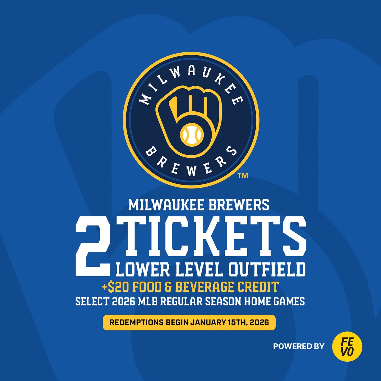 Milwaukee Brewers 2 Lower Level Outfield Tickets + $20 Food & Beverage Credit, eVoucher