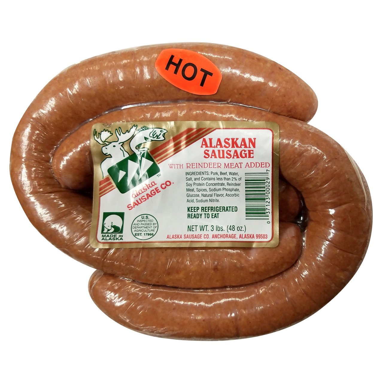 Alaska Sausage Co. Hot Alaska Sausage with Reindeer, 3 Lbs - Image 1