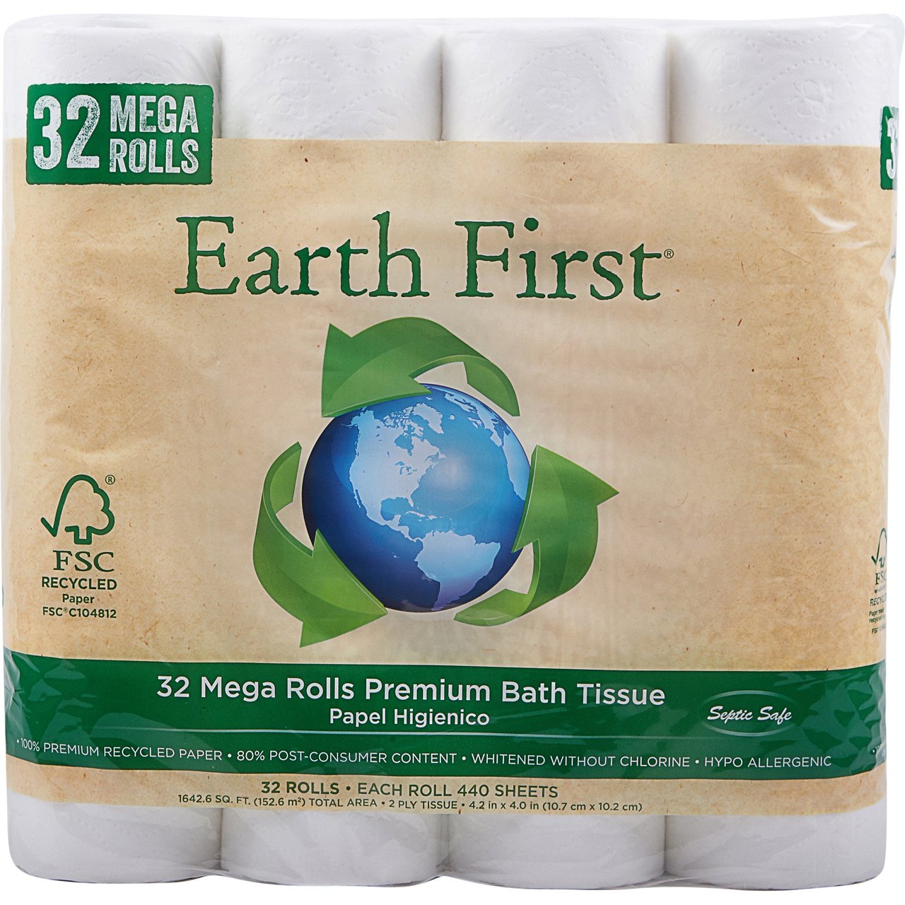 Earth First Recycled Bath Tissue, 32 Rolls / 440 Sheets