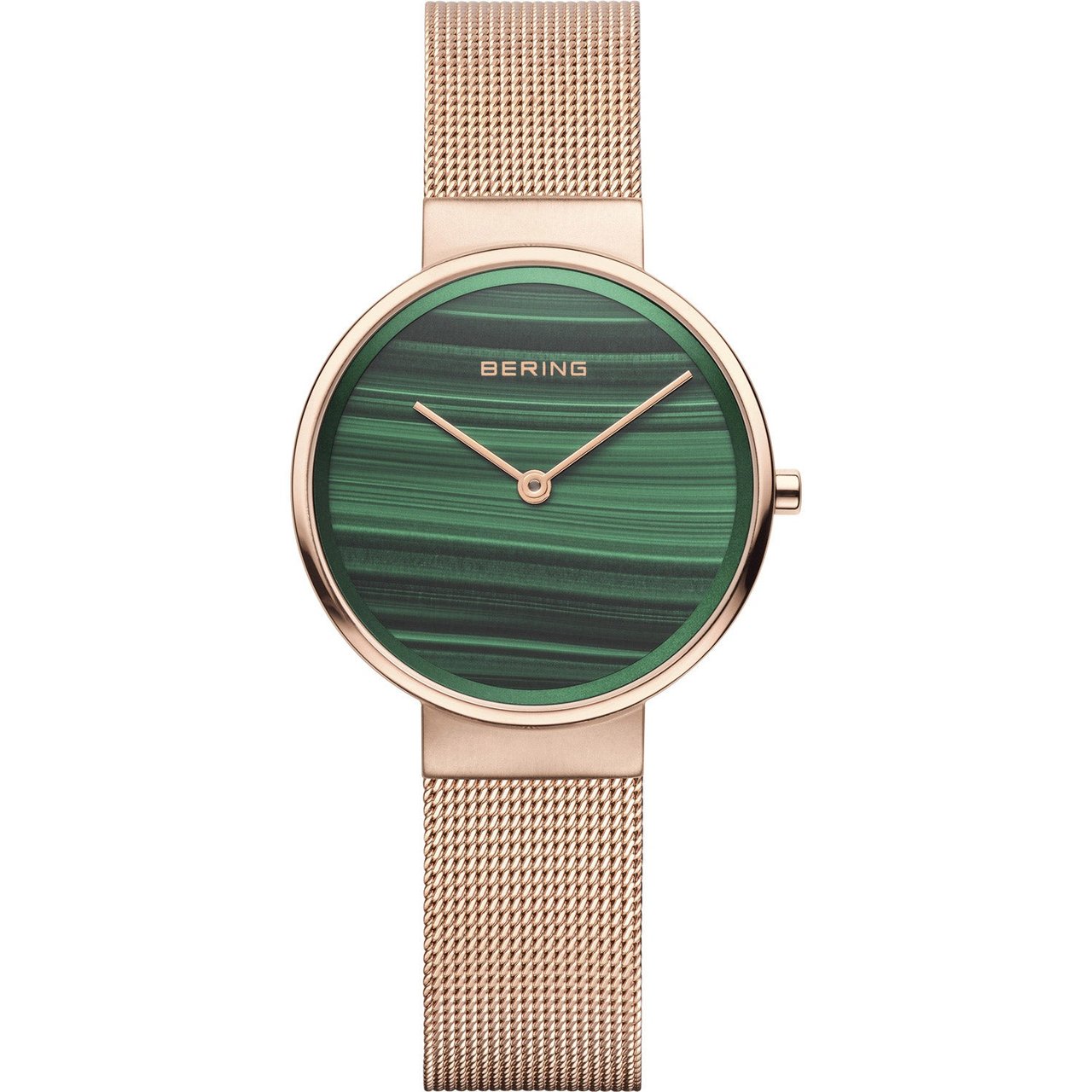 BERING Solar Rose Gold Malachite Mesh Ladies Watch - Image 1